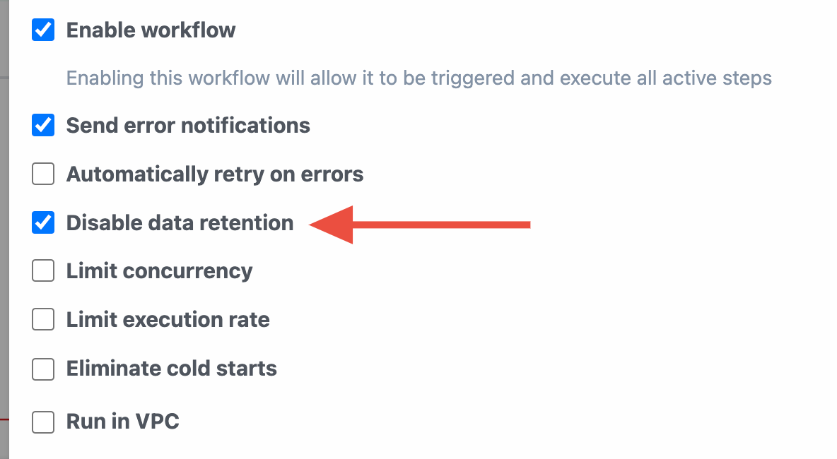 Disable data retention setting